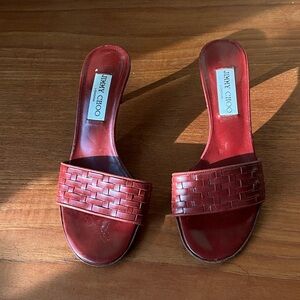 JIMMY CHOO Red Woven Leather Mules